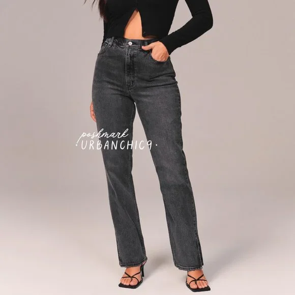 NWT ABERCROMBIE Curve Love 90s High Rise Straight Jean Gray Side Slit size 27 - Picture 2 of 14